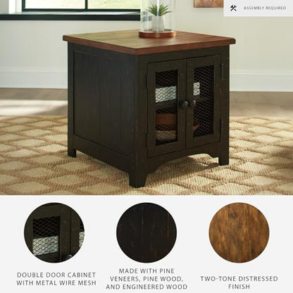 Signature Design by Ashley Distressed Two-Tone Wood Accent Side Table, Valebeck End Table with Cabinet, Casual Farmhouse Nightstand with Metal Wire Mesh Doors, Brown and Black - color: Black/Brown