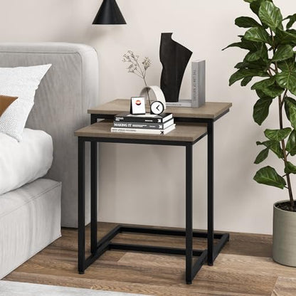 Giantex Nesting Coffee Table Set of 3, Stackable Square End Table w/Wood Grain Tabletop & Heavy-Duty Metal Frame, Farmhouse C-Shaped Accent Table for Small Space, Living Room, Bedroom (Black Oak) - color: Black Oak