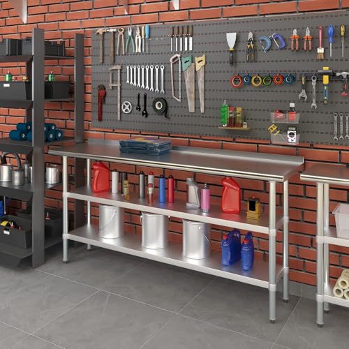 AmGood Stainless Steel Work Table with 1.5" Backsplash and 2 Shelves | Metal Kitchen Food Prep Table | NSF (72" Long x 18" Deep) - size: 72" Long x 18" Deep