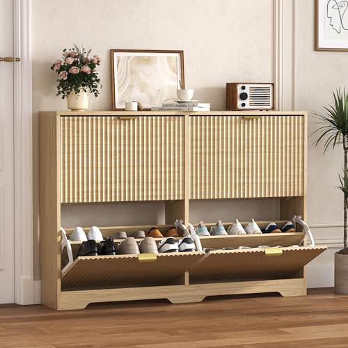 HUANLEGO Shoe Cabinet Storage for Entryway with 4 Flip Drawers, Oak Fluted Shoe Cabinet with Adjustable Shelves, Wooden Hidden Shoes Rack Freestanding Narrow Slim Shoes Storage for Hallway, Entrance - color: Oak, size: 4 Drawer