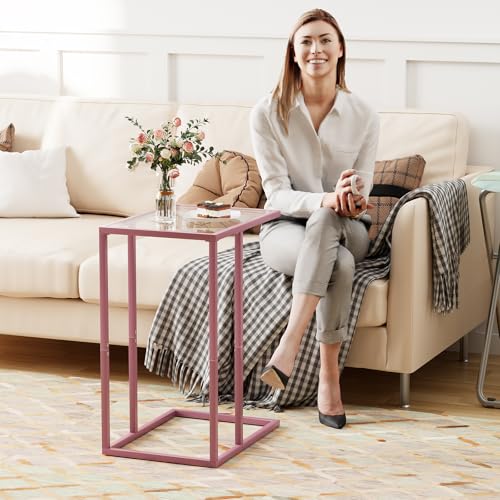 C Shaped End Table, Side End Tables for Living Room,Glass Sofa Couch Table with Metal Frame, Small Tv Tray Snack Dinner Table for Bedroom, Small Spaces, Easy Assembly (Pink) - color: Pink