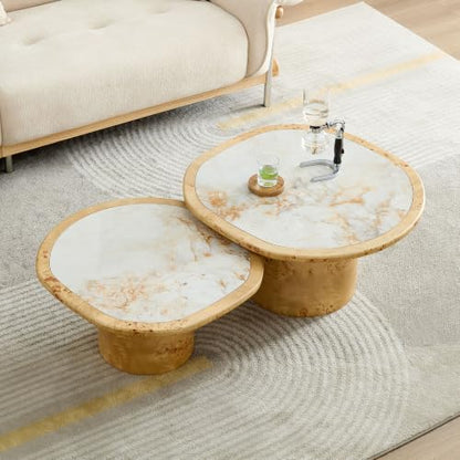 Curved Round Coffee Table Set of 2 with Sintered Stone Tabletop for Living Room, Modern Mid-Century Retro Pedestal Nesting Coffee Table, Burl Wood Veneer, Natural, 2-Pcs - color: 2-pcs-natural