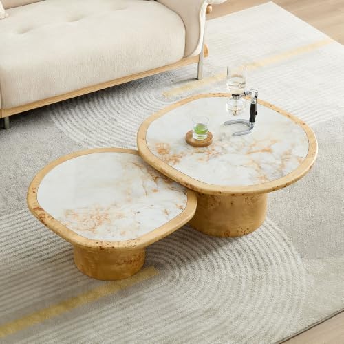 Curved Round Coffee Table Set of 2 with Sintered Stone Tabletop for Living Room, Modern Mid-Century Retro Pedestal Nesting Coffee Table, Burl Wood Veneer, Natural, 2-Pcs - color: 2-pcs-natural