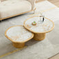 Curved Round Coffee Table Set of 2 with Sintered Stone Tabletop for Living Room, Modern Mid-Century Retro Pedestal Nesting Coffee Table, Burl Wood Veneer, Natural, 2-Pcs - color: 2-pcs-natural