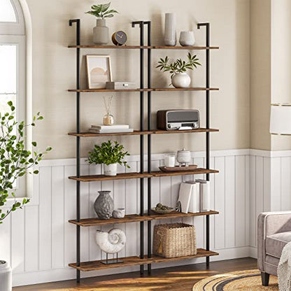 HOOBRO DIY Ladder Shelf, 6-Tier Wall Mounted Bookshelf, Office Vertical Bookcase, Wooden Storage Shelves for Home Office, Bedroom, Rustic Brown and Black BF65CJ01 - color: Rustic Brown and Black