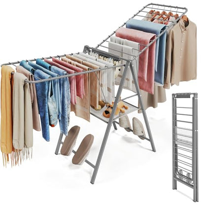 Clothes Drying Rack, 67.7" L Height Adjustable, Foldable, Grey | 1.5"Folded, No Assembly, Space-Saving, Spacious Design, Adjustable Wings, Clips, Mesh Shelf, Shoe Rack, Indoor & Outdoor Use - color: Gray