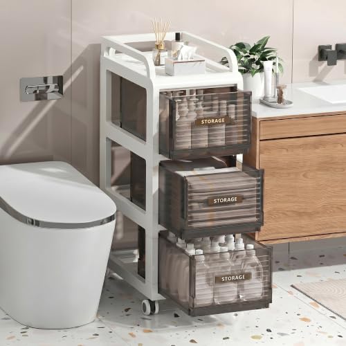 Bathroom Storage with Drawers, 11.8" Wide Wide Slim Storage Cabinet with Wheels for Small Spaces, Narraw Cart for Kitchen Office Bedroom Dinning Room Under Desk, 29.7" Tall - size: 30x41x75 cm