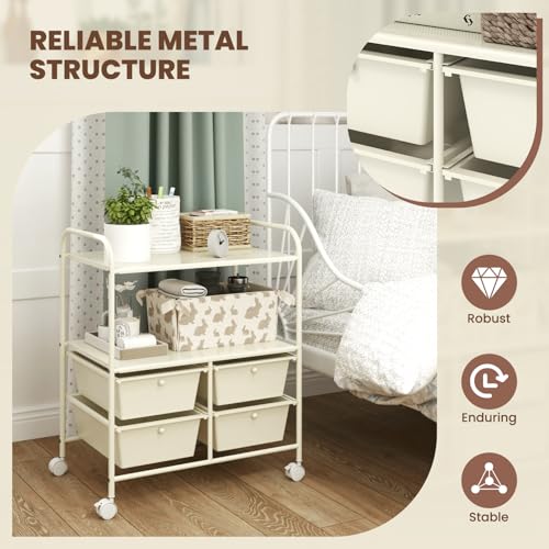 GOFLAME 4-Drawer Rolling Storage Cart with 2 Shelves, Mobile Utility Cart with Removable Drawers and Metal Frame, Art Craft Drawer Cart with Lockable Wheels for Home, Office, School, Studio, White - color: White