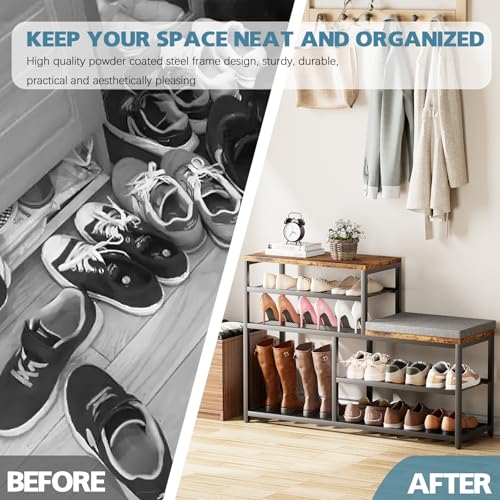 Shoe Rack,Freestanding Hidden Shoe Storage Organizer for Entryway, Shoe Bench Shelves for High Boot with Seat Cushion,Wood Shoe Rack Cabinet for Front Door Entrance Closet, Hallway, 5 Tier,Brown - size: 5 Tier with Seat