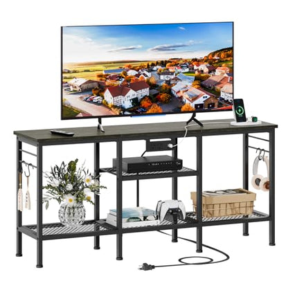 Furologee TV Stand with Power Outlets, Entertainment Center with Open Storage Shelves for TVs up to 55 Inch, Media Console Table with Soundbar Shelf for Living Room, Bedroom, Black Oak