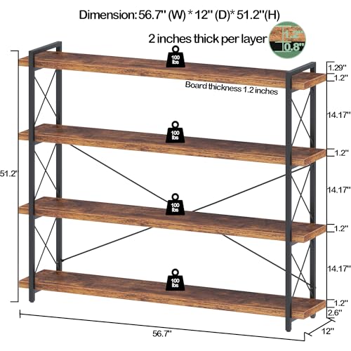 HCHQHS Large Bookshelf, 4-Tier Long Industrial Bookcase, Rustic Brown Book Shelf, Freestanding Horizontal Bookshelves with Metal Frame - color: Rustic Brown, size: 4-Tier (56.7"W x 54.2"H)