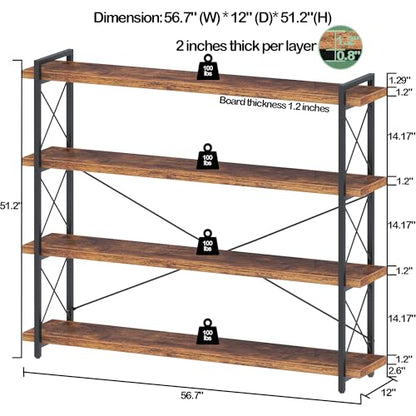 HCHQHS Large Bookshelf, 4-Tier Long Industrial Bookcase, Rustic Brown Book Shelf, Freestanding Horizontal Bookshelves with Metal Frame - color: Rustic Brown, size: 4-Tier (56.7"W x 54.2"H)