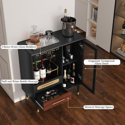 ARTPOWER Modern Coffee Bar Cabinet with Pull-Out Wine Storage, Black | Bar Cart with Wine Glass Rack and Drawers, Liquor Cabinet for Kitchen, Dining Room, Living Room - color: Black