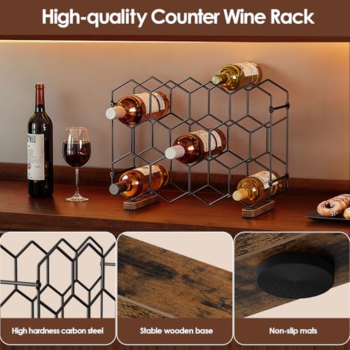 Nuovoware Countertop Wine Rack, 14-Bottle Freestanding Modern Carbon Steel Holder Hexagonal Structure, 3 Tier Tabletop Wine Bottle Organizer Storage for Cabinet, Pantry, Black+Retro Brown