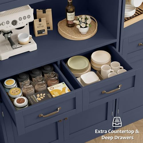 HOSTACK 71" Tall Kitchen Pantry Storage Cabinet, Wood Kitchen Hutch, Blue | Modern Pantry Cabinet with Microwave Stand, Hutch Cabinet with Countertop & Drawers, Storage Cabinet for Living Room - color: Blue + Bronze Handles