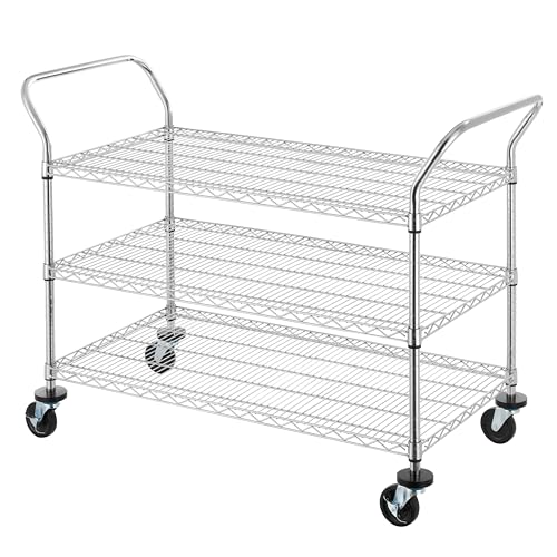 Finnhomy 3-Tier Commercial Grade Rolling Cart, Heavy Duty Utility Carts with Wheels and Handles, Kitchen Trolly on Wheels, Metal Serving Shelves with 700 lbs Capacity, Shelf Size 24" D x 48" W, NSF - size: 23.6"D x 55.1"W x 43.8"H