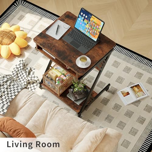 ALISENED Computer Desk for Small Spaces, 23.6" Z-Shaped Compact Study Table with Smooth Keyboard Tray with Wheels and Bottom Shelves for Home Office, Computer Cart Mobile Laptop Cart, Rustic Brown - color: Brown