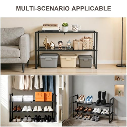 Expandable Shoe Rack, 2 Tier Adjustable Metal Shoe Shelf for Closet, Sturdy Free Standing Shoe Storage for Door Entrance, Bedroom, Small Spaces, Black - size: 2-Tier