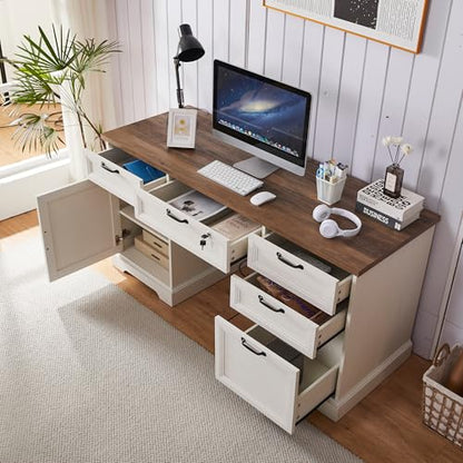 60" Farmhouse Executive Desk with Lock,Home Office Desk with Charging Station,Executive Desk with 4 Drawers & 1 Cabinet&1 File Cabinet for Office and Home - color: White