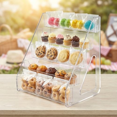 5 Tiered Cookie Display Stand for Bakers, Vendors, Market Booth, Craft Fair, Events Acrylic Pastry Display Case for Cupcakes, Muffins, Donuts Cookie Bakery Rack with Full Angle