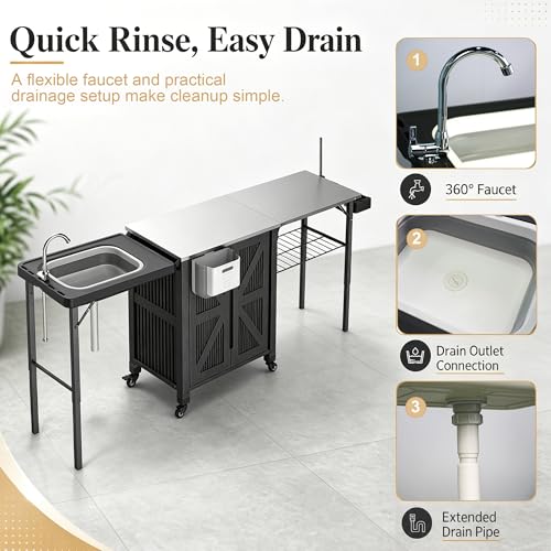 Outdoor Grill Cart with Storage Cabinet, 3-in-1 Movable Kitchen Island Cart, Outdoor Grill Cooking Station with Stainless Steel Countertop&Rolling Wheels&Folding Side Tables for Backyard Patio