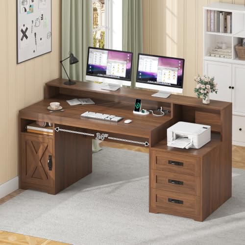 65" Farmhouse Computer Desk with Drawers and Printer Stand for Home Office | Office Desk with Power Outlets and Storage Cabinet, Study Writing Desks with Long Monitor Stand, Brown - color: Brown