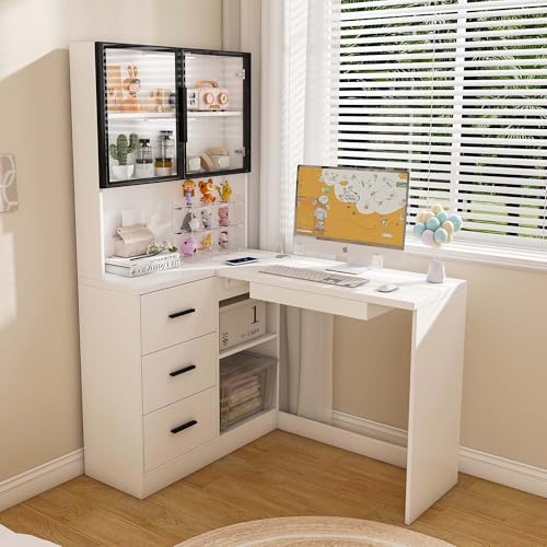 HRVEOCEI White L Shaped Desk with Keyboard Tray & Power Outlet, Home Office Desk with Storage/LED Lights, Corner Computer Desks with Drawers/Glass Cabinets for Study Room Corporate Workspaces (White) - color: White