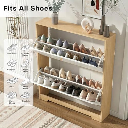 Nicetree Shoe Cabinet with 2 Flip Drawers, Narrow Shoe Organizer Cabinet, Freestanding Shoe Rack Cabinet, Modern Shoe Storage Cabinet for Entryway, Hallway, Foyer, Natural Oak and White - color: Natural Oak and White, style: 2-Drawers