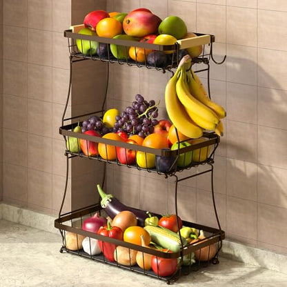 Sevenblue 3-Tier Fruit Basket with Banana Hangers, Detachable Metal Bowl | Wooden handle, protective mats included. Versatile holder for bread, snacks, and veggies. Large 3 tier metal design. - color: Brown, size: 3 Tier