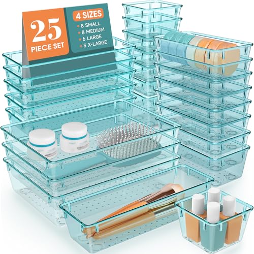 WOWBOX 25 PCS Plastic Drawer Organizer Set, 4 Sizes Desk Drawer Divider Organizers and Storage Bins for Makeup, Jewelry, Gadgets for Kitchen, Bedroom, Bathroom, Office, Sea Blue - color: Sea Blue