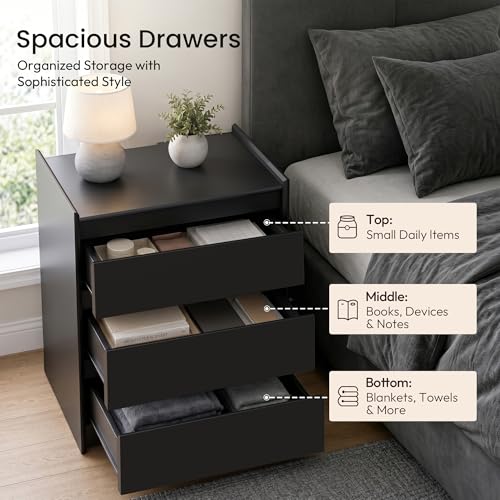 Black Nightstand with Charging Station, 24" H, 3-Drawer Storage | USB-C, USB-A and 2 AC outlets power daily devices; raised-edge top helps create a cleaner modern bedside setup at night. - color: Black, size: 1-Pack, style: 3 Drawers