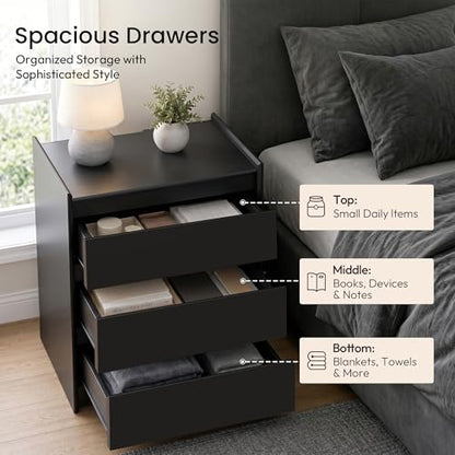 Black Nightstand with Charging Station, 24" H, 3-Drawer Storage | USB-C, USB-A and 2 AC outlets power daily devices; raised-edge top helps create a cleaner modern bedside setup at night. - color: Black, size: 1-Pack, style: 3 Drawers