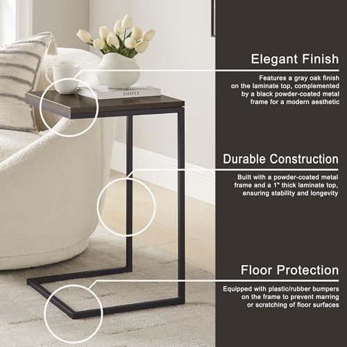 C-Shaped Couch Table, Oak Finish | Movable Side End Table, Sturdy Metal Frame, Narrow Laptop Stand Desk & TV Tray, For Living Room - color: Oak