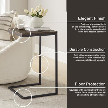 C-Shaped Couch Table, Oak Finish | Movable Side End Table, Sturdy Metal Frame, Narrow Laptop Stand Desk & TV Tray, For Living Room - color: Oak