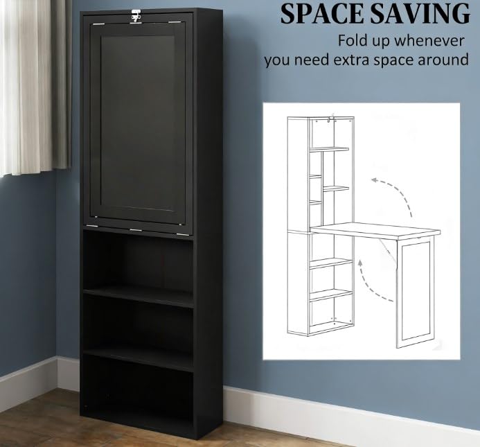Folding Wall Mounted Desk with Storage, Expandable Hidden Computer Desk, Foldable Space-Saving Pull Out Murphy Table, Writing Table with Blackboard for Home Office Bedroom Small Spaces (Black) - color: Black