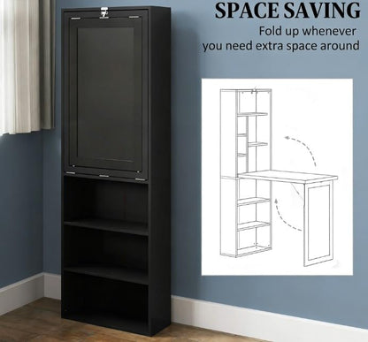 Folding Wall Mounted Desk with Storage, Expandable Hidden Computer Desk, Foldable Space-Saving Pull Out Murphy Table, Writing Table with Blackboard for Home Office Bedroom Small Spaces (Black) - color: Black