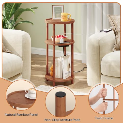 HOOBRO Set of 2 Small Round Side Tables with Charging Station, 3-Tier Round Bamboo End Tables, Easy Assembly, for Living Room, Bedroom, Apartment, Walnut WL152UBZP201 - color: Walnut