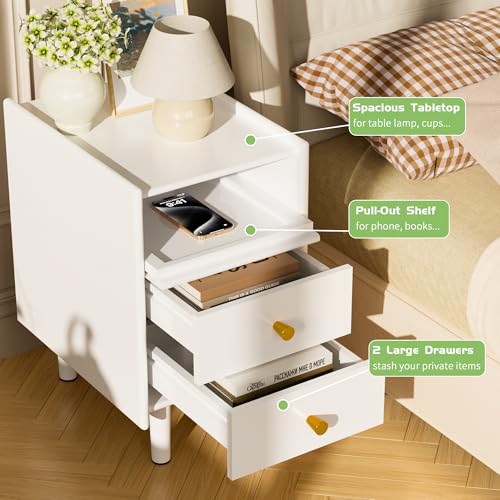 Narrow Nightstand with 2 Drawers, 11.81" Solid Wood Narrow Bedside Table | Pine Wood, Modern Night Stand with Open Shelf & Cable Hole, Slim Narrow Side Table for Bedroom, White