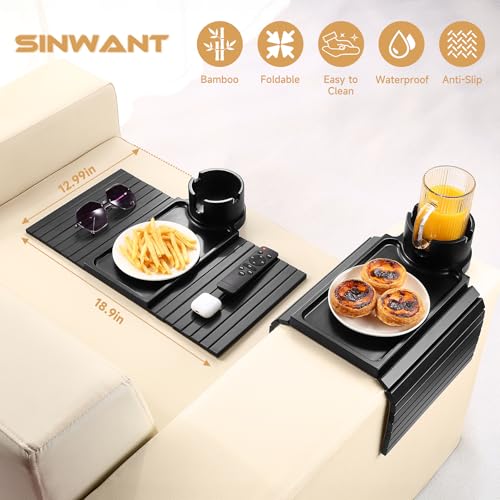 Couch Cup Holder Tray,Foldable Sofa Arm Clip on Tray Table with 360° Rotation Cup Holder,Bamboo Anti-Slip Couch Armrest Table for Coffee Cup,Water Bottles,Mug,Snacks,Remote on Large Armrest - color: Black