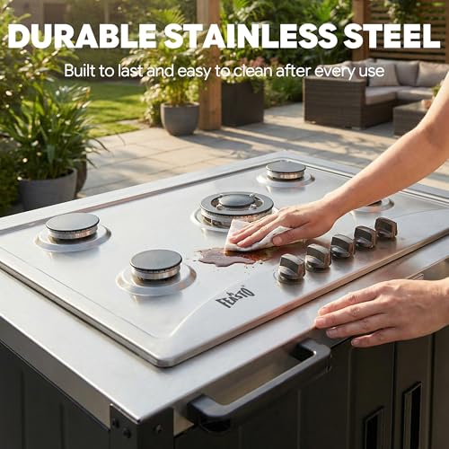 Feasto Outdoor Kitchen Island with Propane Gas Stove and Storage Cabinet, 35-Inch Outdoor Cooking Station with 304 Stainless Steel Top & Lockable Wheels for Backyard Patio, Black & Silver - size: Outdoor Gas Stove