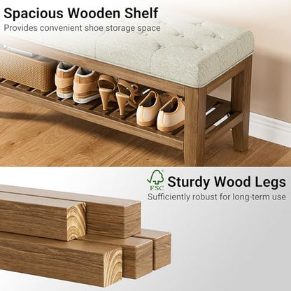 YaFiti End of Bed Storage Bench, 42.9" Entryway Shoe Bench with Solid Wood Shelf, Upholstered Ottoman with Padded Seat for Bedroom, Hallway and Living Room, Beige - color: Beige