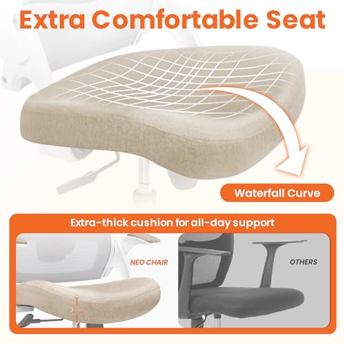 NEO CHAIR Office Desk Gaming Chair Computer High Back Mesh Seat with Rolling Wheels Ergonomic Adjustable Comfy Flip-up Armrests Lumbar Support Height for Home (Beige White Frame) - color: Beige