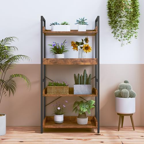HCHQHS 4 Tier Bookshelf, Adjustable Industrial Bookcase, Vertical Tall Book Shelf, Wood and Black Metal Open Bookshelves for Home Office, Living Room, Bedroom - color: Rustic Brown, size: 4-Tier (24"W x 44"H)