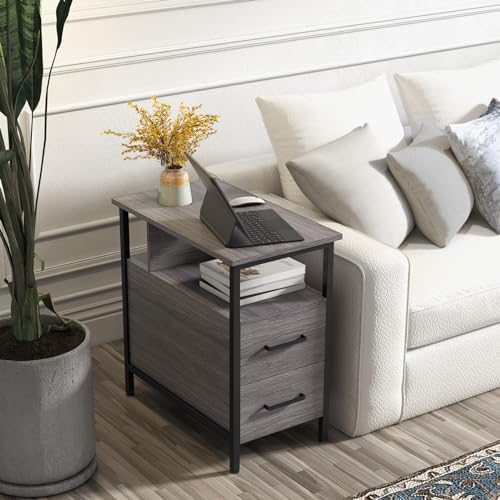Livofloral Side Table, End Tables with Charging Station, Narrow End Table with Wooden Drawers, USB Ports and Power Outlets, Nightstand and Bedside Table, End Table Living Room, Bedroom, Dark Grey - color: Dark Gray