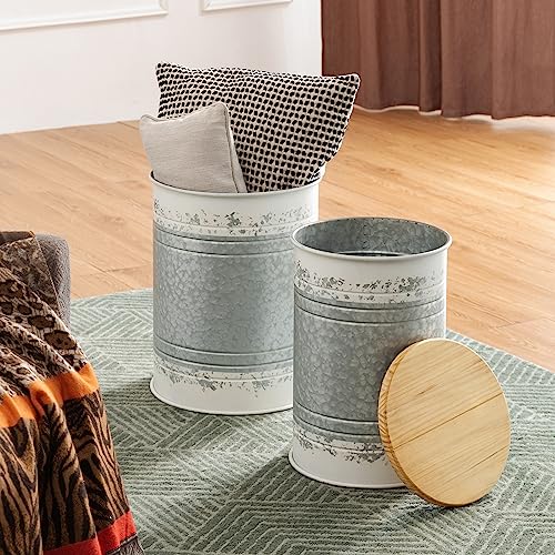 Glitzhome Rustic End Table Set of 2, Farmhouse Galvanized Metal Barrel Ottoman Storage Stool with Round Wood Lid for Living Room Furniture, Distressed White - color: Distressed White