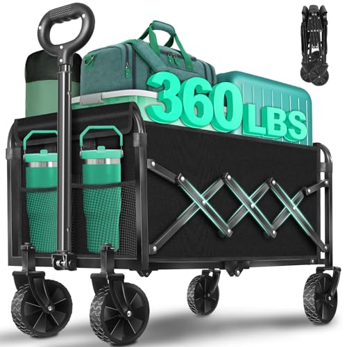 Collapsible Wagon Cart with Wheels Foldable, 360 Lbs Heavy Duty Folding Utility Wagon - Portable All Terrain Grocery Cart for Groceries/Shopping/Outdoor/Camping/Fishing/Sports - color: Black