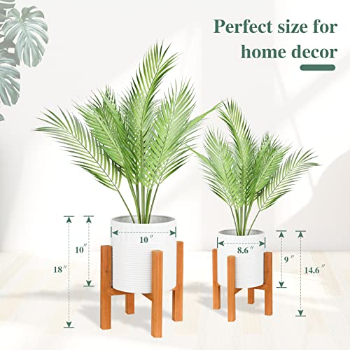 2-Piece White Metal Planter Set with Wood Stand, Indoor Mid Century Modern Planters with Drainage, 8" & 10"