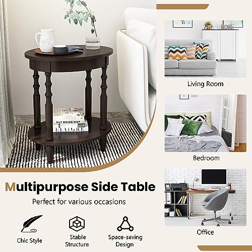 GOFLAME 2-Tier Oval End Table Set of 2, Sofa Side Table with Storage Shelf, Solid Wood Legs, Modern Accent Table, Compact Nightstand for Living Room, Bedroom, Small Space, Espresso - color: Espresso