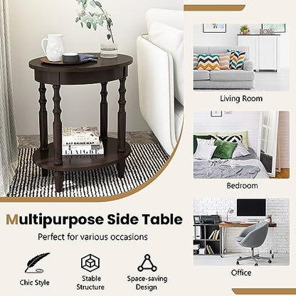 GOFLAME 2-Tier Oval End Table Set of 2, Sofa Side Table with Storage Shelf, Solid Wood Legs, Modern Accent Table, Compact Nightstand for Living Room, Bedroom, Small Space, Espresso - color: Espresso
