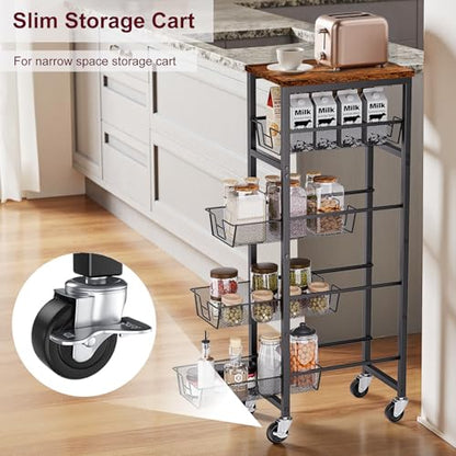 Slim Rolling Cart, 4-Tier Storage Cart, 9.1inch Narrow Kitchen Rolling Cart on Wheels for Small Space, Utility Cart Shelving Unit with Wooden Top and Metal Handle for Kitchen, Bathroom, Laundry Room - size: 4 Tiers (9.1"D x 30.3"H)